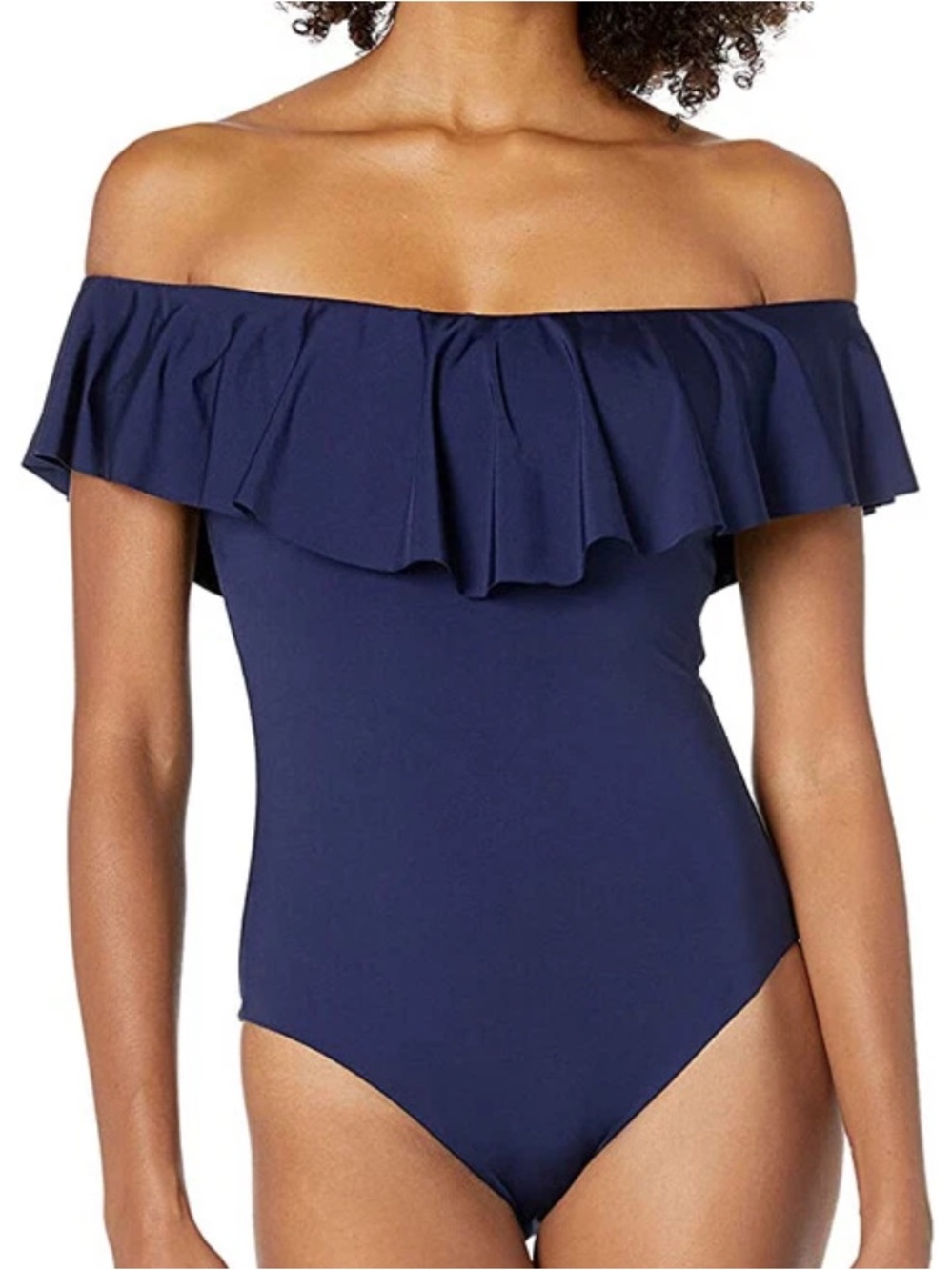 TRINA TURK Monaco Off The Shoulder One Piece Ruffle Navy Blue Swimsuit Size 8